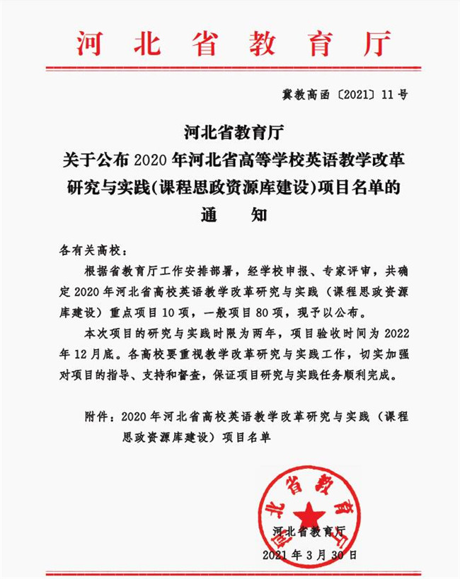 米乐官网五项课题成功获批河北省高等教育教学改革研究与实践项目立项