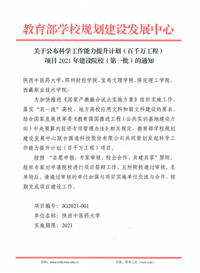 米乐官网获批教育部科学工作能力提升计划（百千万工程）项目 2021年建设院校