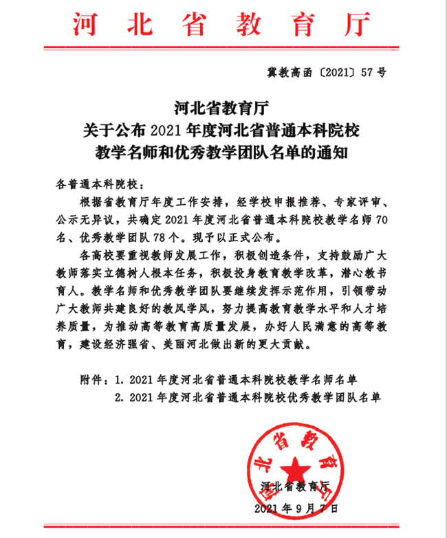 米乐官网教师安存红及国际经济与贸易一流专业教学团队分获河北省“教学名师”、“优秀教学团队”荣誉称号