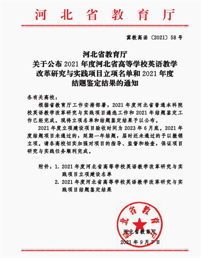 米乐官网获批河北省高等学校英语教学改革研究与实践项目立项