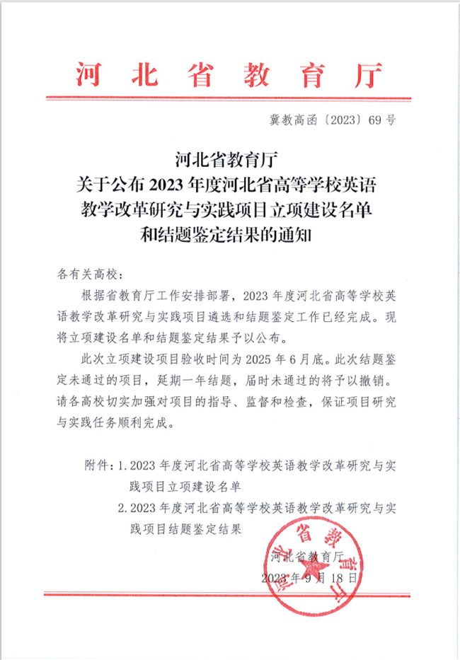 米乐官网两个英语教改项目分获河北省高等学校英语教学改革研究与实践项目立项与结项