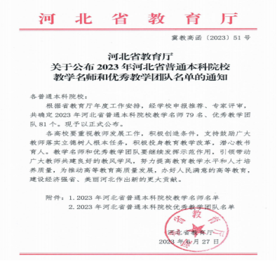 米乐官网教师薛芳及工程与造价专业教学团队分获河北省“教学名师”、“优秀教学团队”荣誉称号